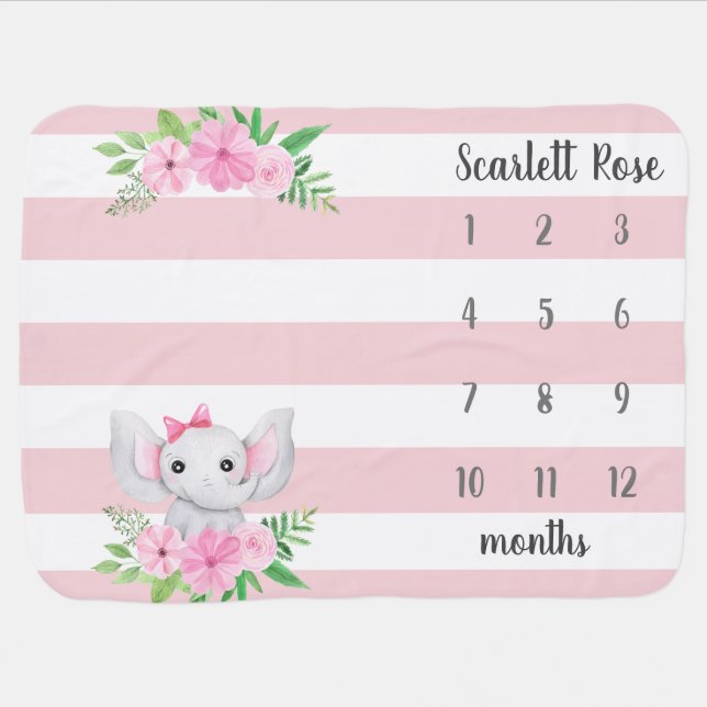 Baby Elephant Personalized Cute Photo Milestone Baby Blanket (Horizontal)