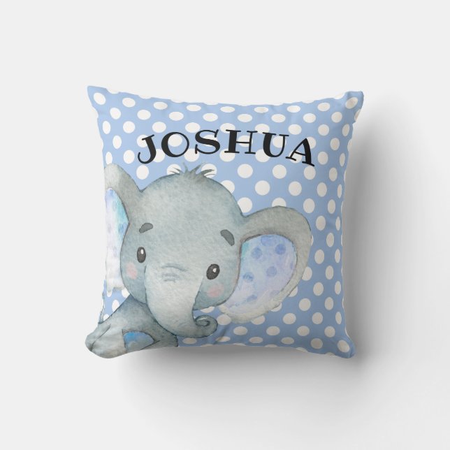 Baby Elephant Personalized Cute Polka Dot Name Throw Pillow (Front)