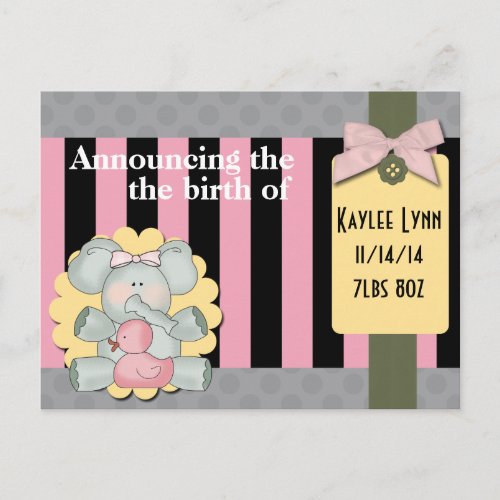 Baby Elephant Pink and Black Stripes Announcement Postcard
