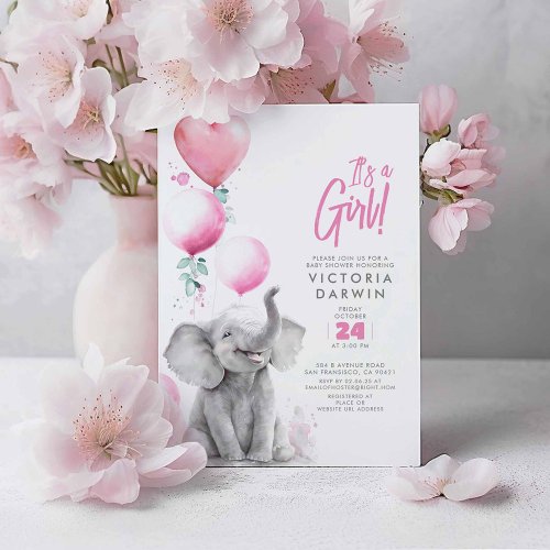 Baby Elephant Pink and Grey Cute Girl Baby Shower Invitation
