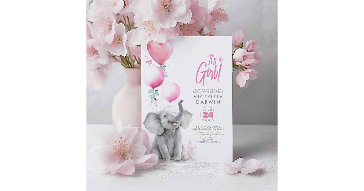 Baby Elephant Pink and Grey Cute Girl Baby Shower Invitation | Zazzle