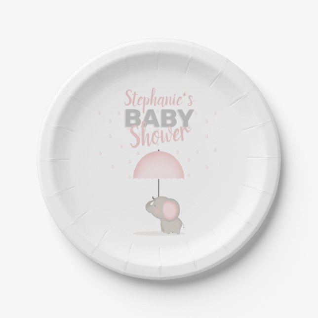 Baby Elephant Pink Baby Shower Paper Plates (Front)