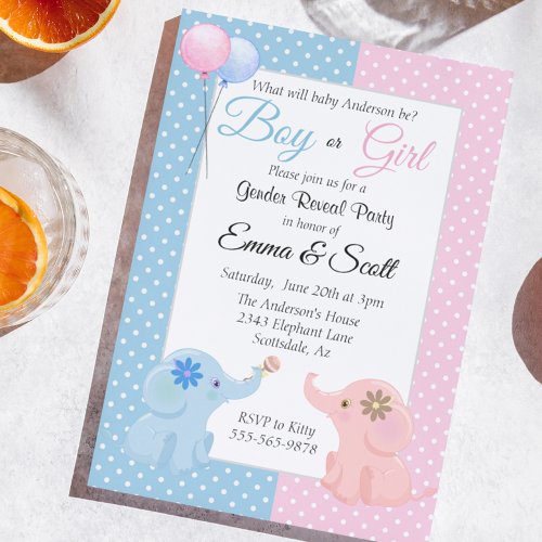 Baby Elephant Pink Blue Gender Reveal Party Invitation