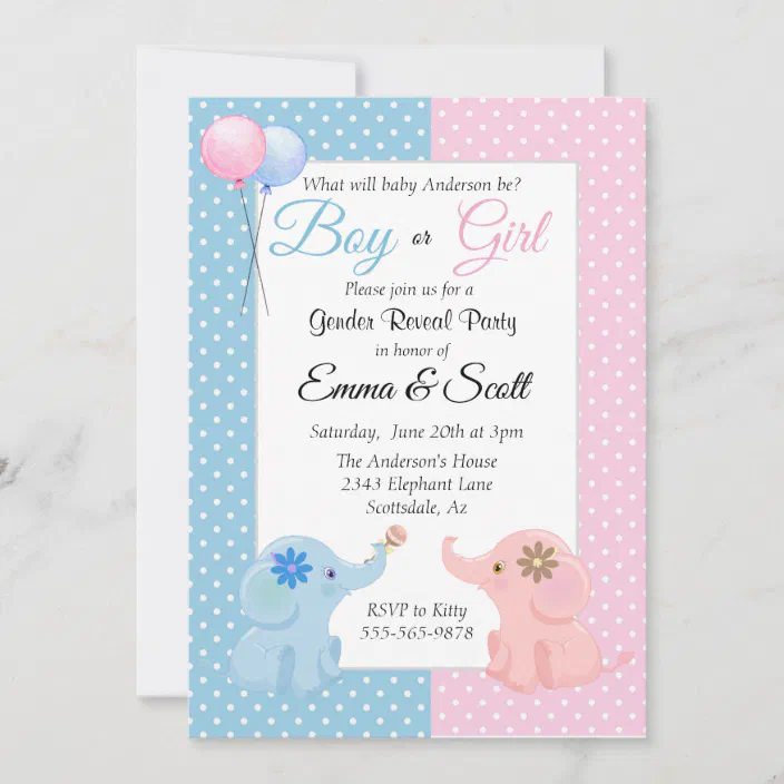 Baby Elephant Pink Blue Gender Reveal Party Invitation Zazzle Com