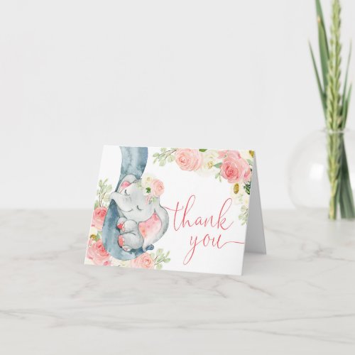 Baby elephant pink cream floral watercolors thank you card