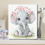 Baby Elephant Pink Flowers on Head Nursery Canvas Print