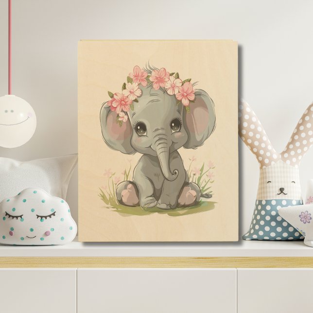 Baby Elephant Pink Flowers on Head Nursery Wood Wall Art (Baby Elephant Watercolor with Pink Flowers on her head Nursery Wood Wall Art)