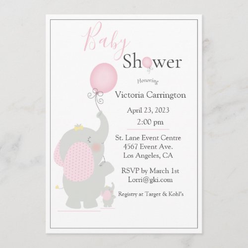 Baby Elephant Pink Girl Watercolor Baby Shower Invitation