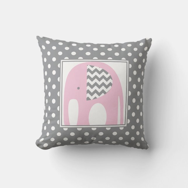Baby Elephant | Pink & Gray Chevron Polka Dots Throw Pillow (Front)