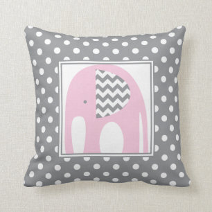 Baby Elephant   Pink & Gray Chevron Polka Dots Throw Pillow