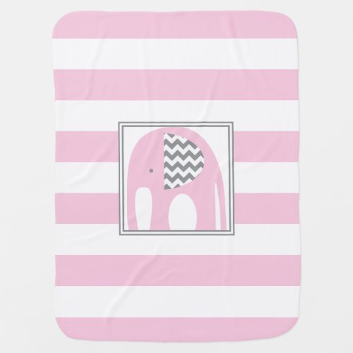 Baby Elephant  Pink  Gray Chevron Stripes Baby Blanket