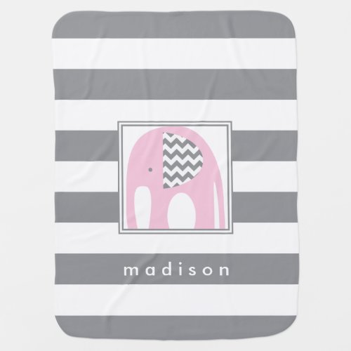 Baby Elephant  Pink  Gray Chevron Stripes Receiving Blanket