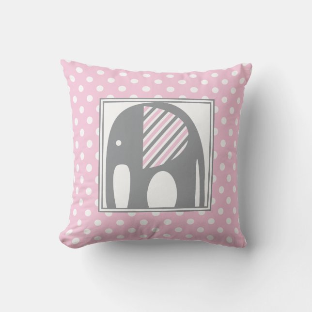 Baby Elephant | Pink & Gray Polka Dots Stripes Throw Pillow (Front)