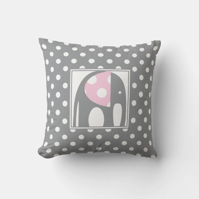 Baby Elephant | Pink & Gray Polka Dots Throw Pillow (Front)