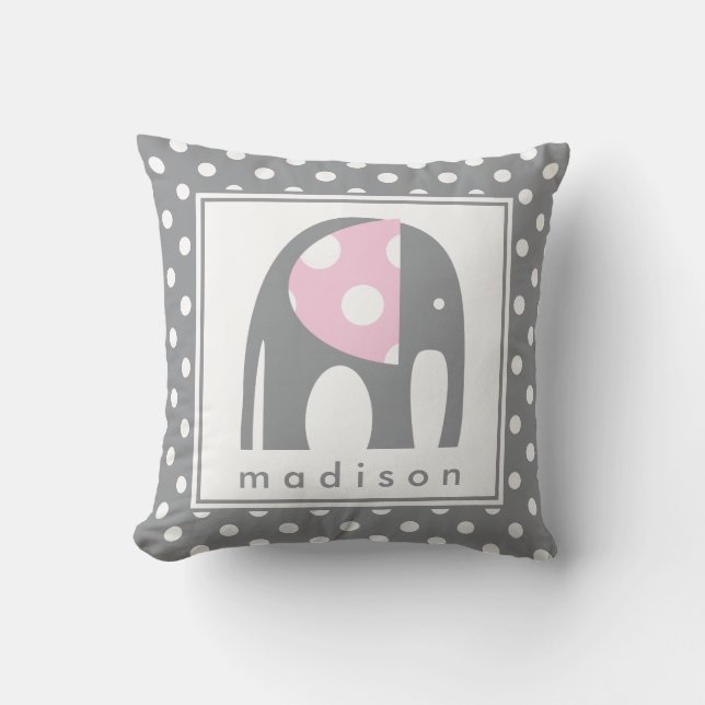 Baby Elephant | Pink & Gray Polka Dots Throw Pillow (Front)