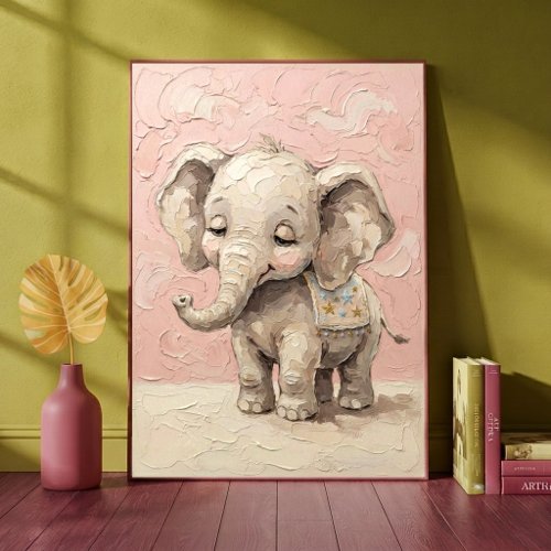 Baby Elephant Pink Nursery Art Print Impasto Style