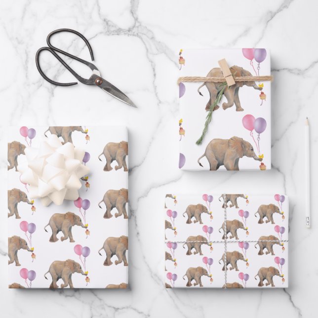 Baby Elephant pink & violet balloon Set x3 Wrapping Paper Sheets (Front)