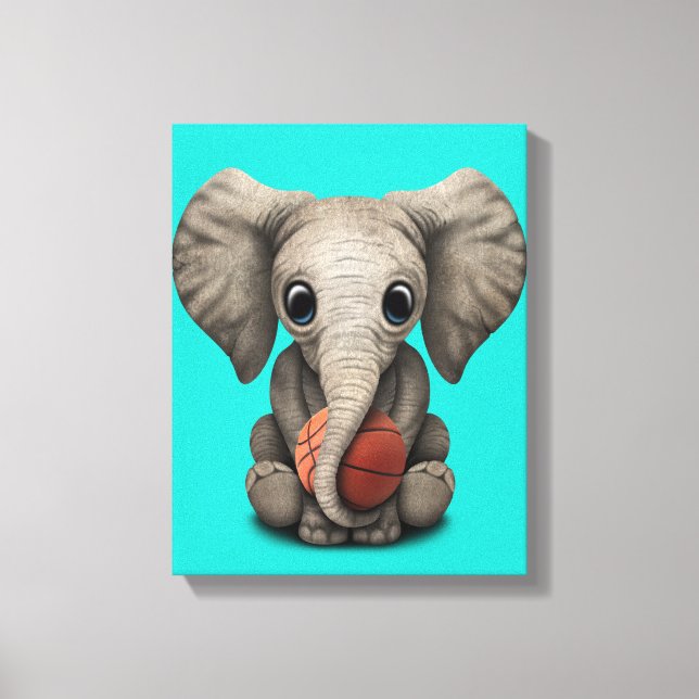 Baby Elephant Playing With Basketball Canvas Print (Front)