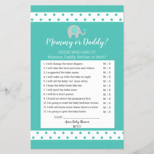 Baby Elephant Polka Dots Mommy or Daddy Game Flyer