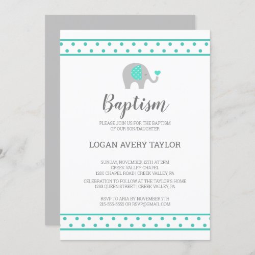 Baby Elephant Polka Dots on White Baptism Invitation