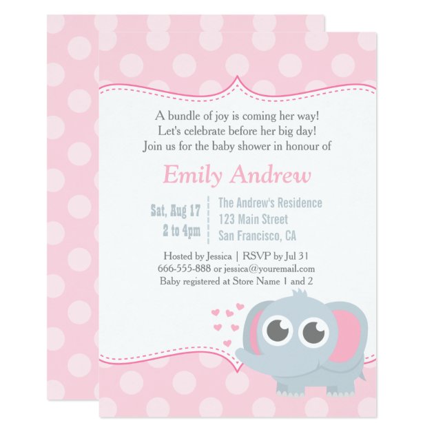 Baby Elephant Polka Dots Pink Baby Shower Invitation