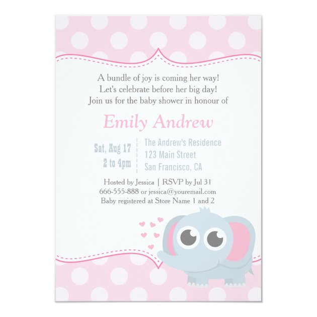 Baby Elephant Polka Dots Pink Baby Shower Invitation