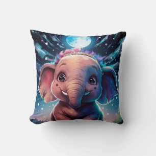 Baby Elephant Posing under Full Moon Light Throw Pillow