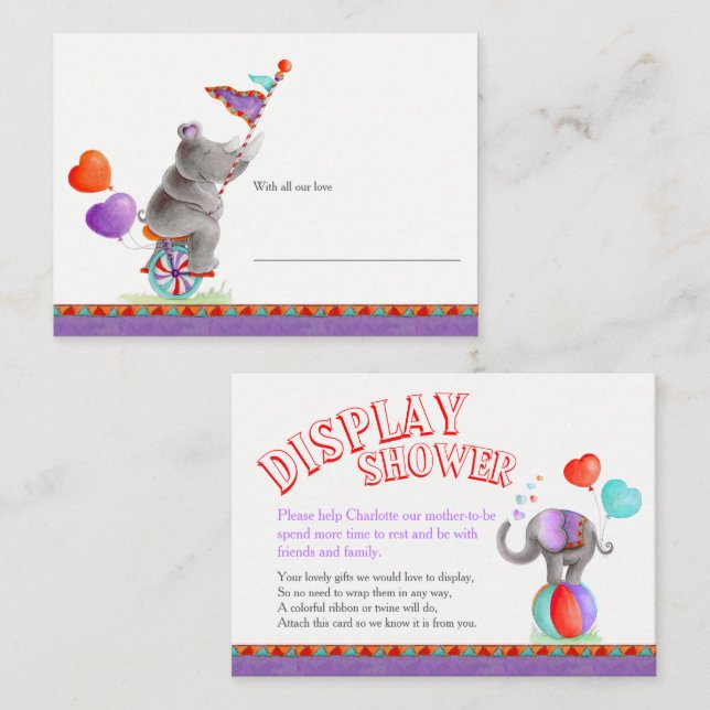 Baby elephant rhino grey display shower cards (Front/Back)
