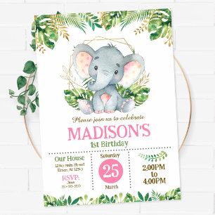 Baby Elephant Safari Jungle Party 1st Birthday Invitation
