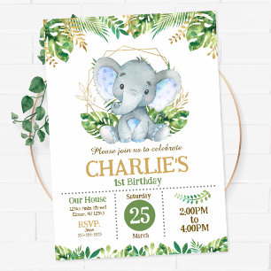 Baby Elephant Safari Jungle Party 1st Birthday Invitation