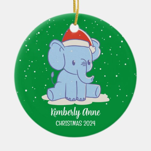 Baby Elephant Santa Christmas Snowy Winter Holiday Ceramic Ornament