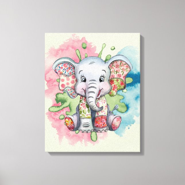 Baby Elephant Sewn Floral Patches Any Child  Canvas Print (Front)