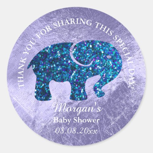 Baby Elephant Shower Favor Thank You Blue Glitter Classic Round Sticker