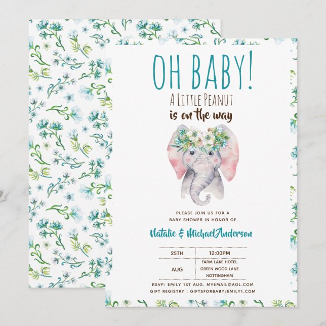 Baby Elephant Shower Invitation, Boho Floral Invitation (Front/Back)