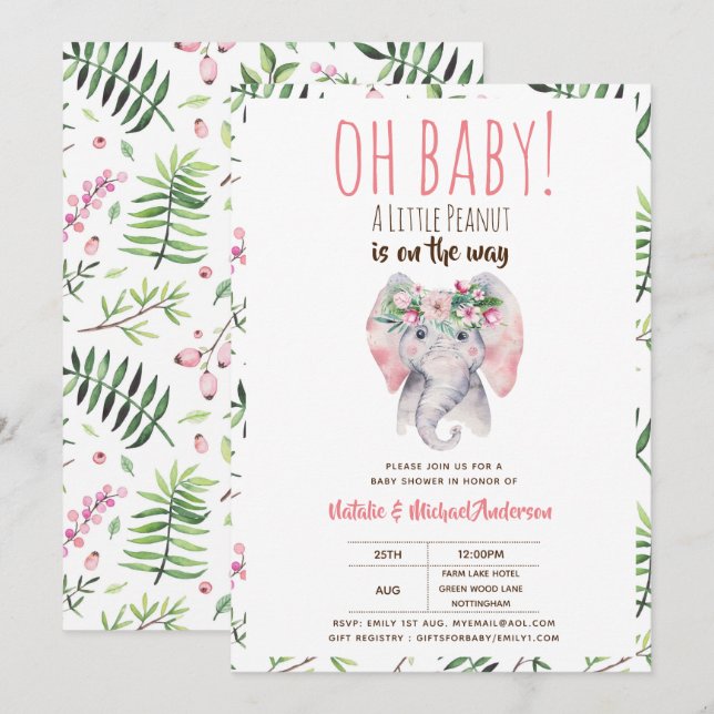 Baby Elephant Shower Invitation, Boho Floral Invitation (Front/Back)