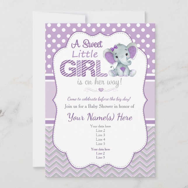 Baby Elephant Shower Invitation in Purple and Gray (Front)