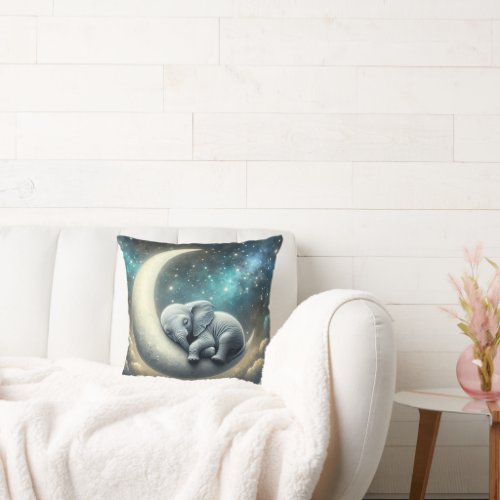 Baby Elephant Sleeping On Crescent Moon Throw Pillow