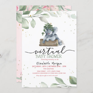 Baby Elephant Stars Leaves Virtual Baby Shower Invitation