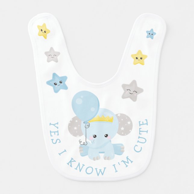 Baby Elephant Stars Yes I Know I Am Cute Text Boy Baby Bib (Front)