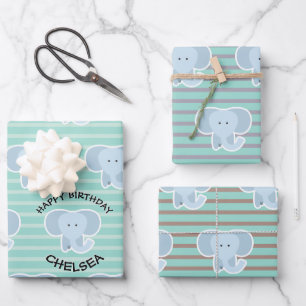 Baby Elephant Stripes Happy Birthday Set of Wrapping Paper Sheets