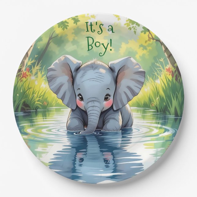 Baby Elephant Themed Baby Shower Paper Plates (Front)