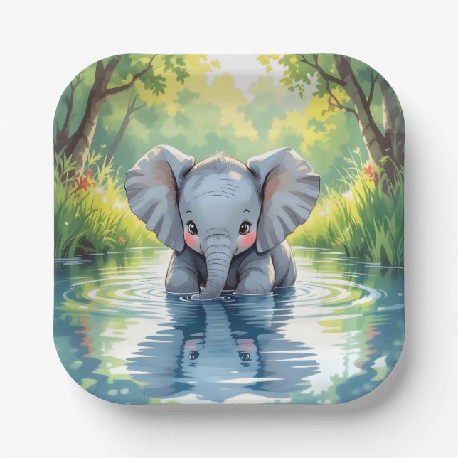 Baby Elephant Themed |  Birthday Party Paper Plates (Front)
