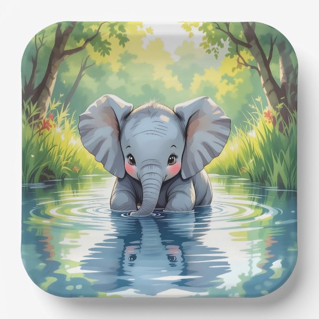 Baby Elephant Themed |  Birthday Party Paper Plates (Front)