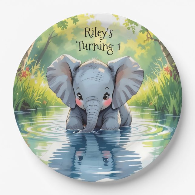Baby Elephant Themed  Birthday Party Personalized Paper Plates (Front)
