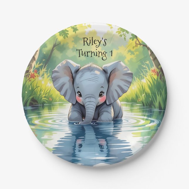 Baby Elephant Themed  Birthday Party Personalized Paper Plates (Front)
