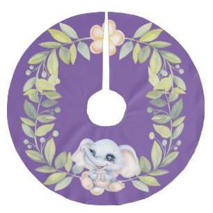Baby Elephant Tropical Flower Wreath Purple Brushed Polyester Tree Skirt