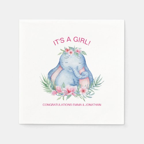 Baby Elephant Tropical Flowers Baby Girl Shower Napkins