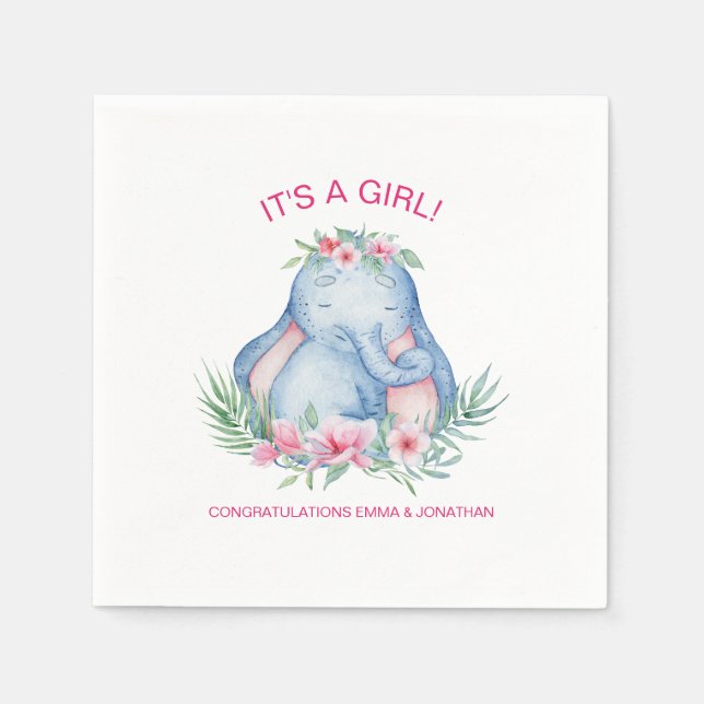 Baby Elephant Tropical Flowers Baby Girl Shower Napkins (Front)