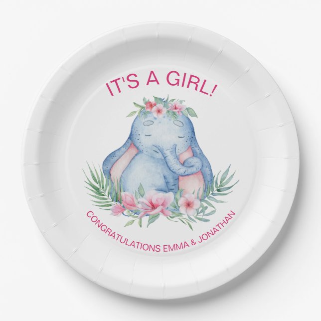 Baby Elephant Tropical Flowers Baby Shower Paper Plates (Front)