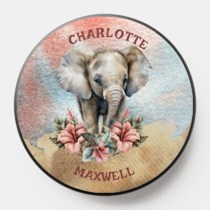 Baby Elephant Tropical Hibiscus Floral Monogram PopSocket